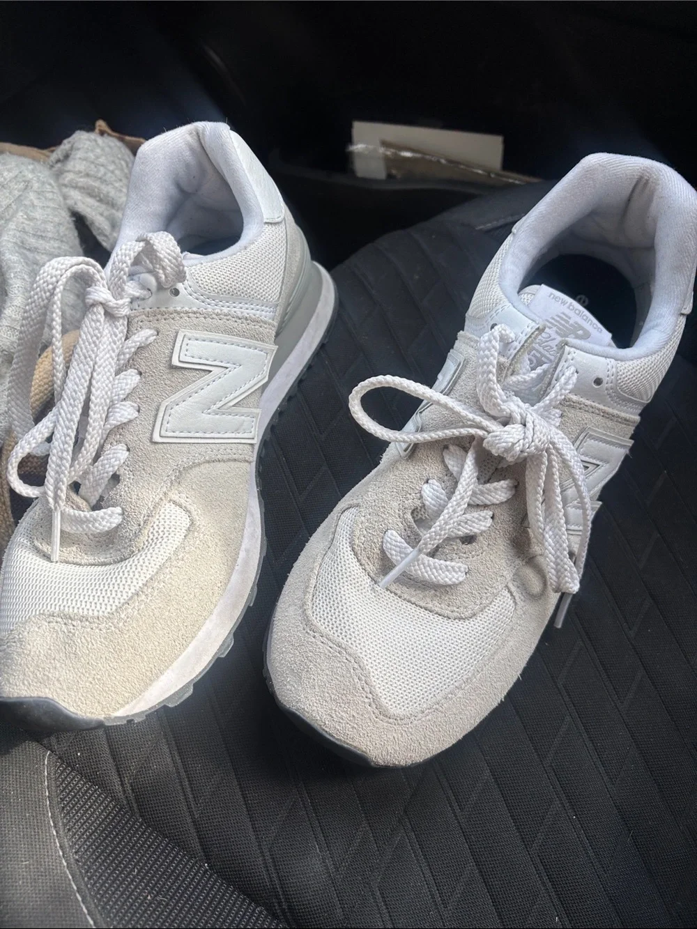 New Balance Off-White and Light Gray Suede Mesh Sneakers